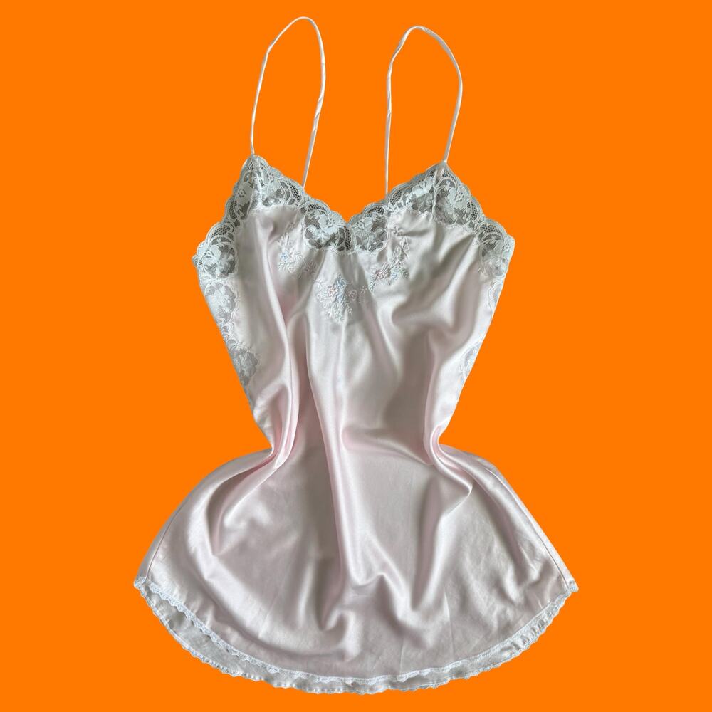 90's vintage baby pink satin lace coquette lingerie slip dress M